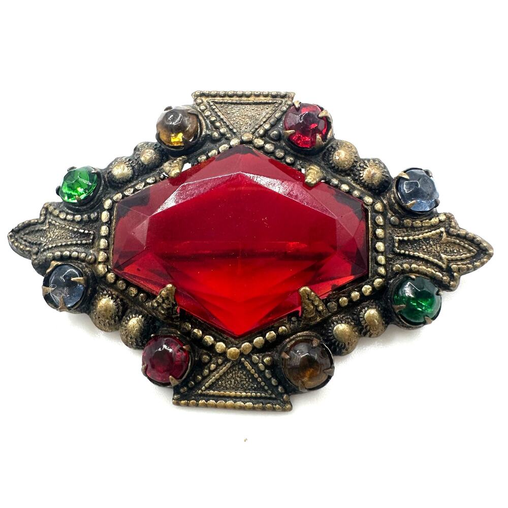 Antique Art Deco 1920s brass multicolor Czech glass rhinestones brooch pendant